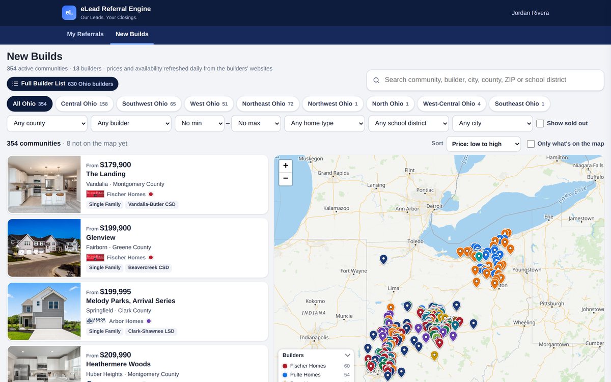 New Builds: 354 active communities from 13 builders with region chips, filters, community cards and a map of Ohio