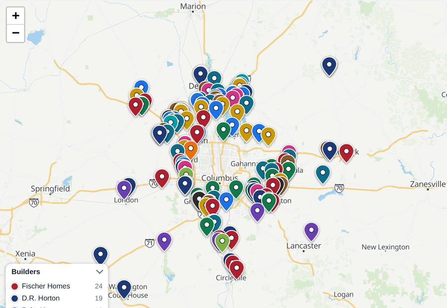 Map of new-build communities around Columbus, pinned by builder