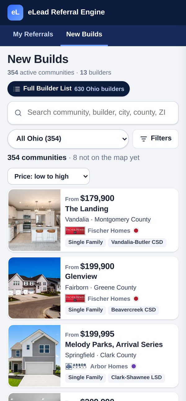 New Builds on a phone: community cards with prices, builders and school districts