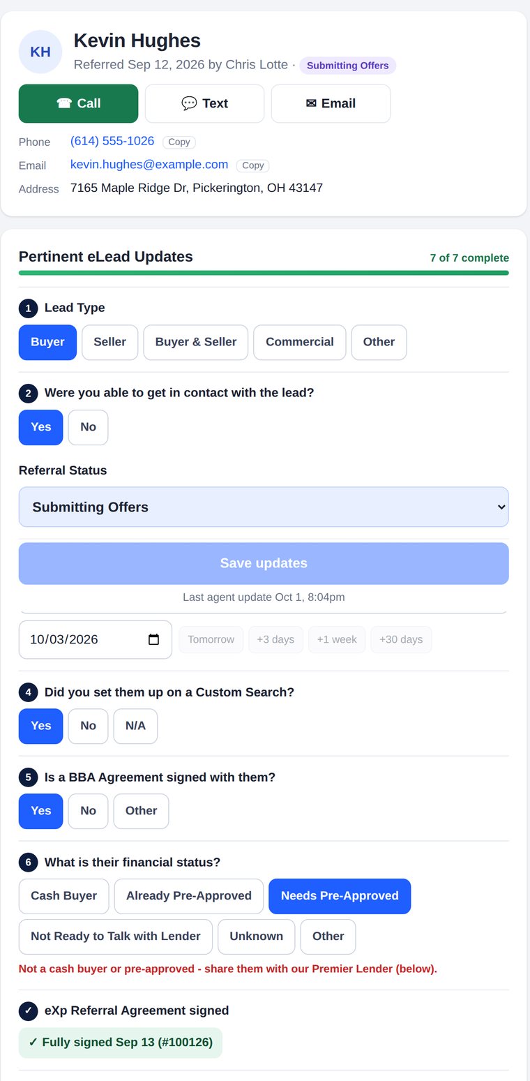 A referral's Pertinent eLead Updates: lead type, contact, status, next step, custom search, buyer agreement, financing